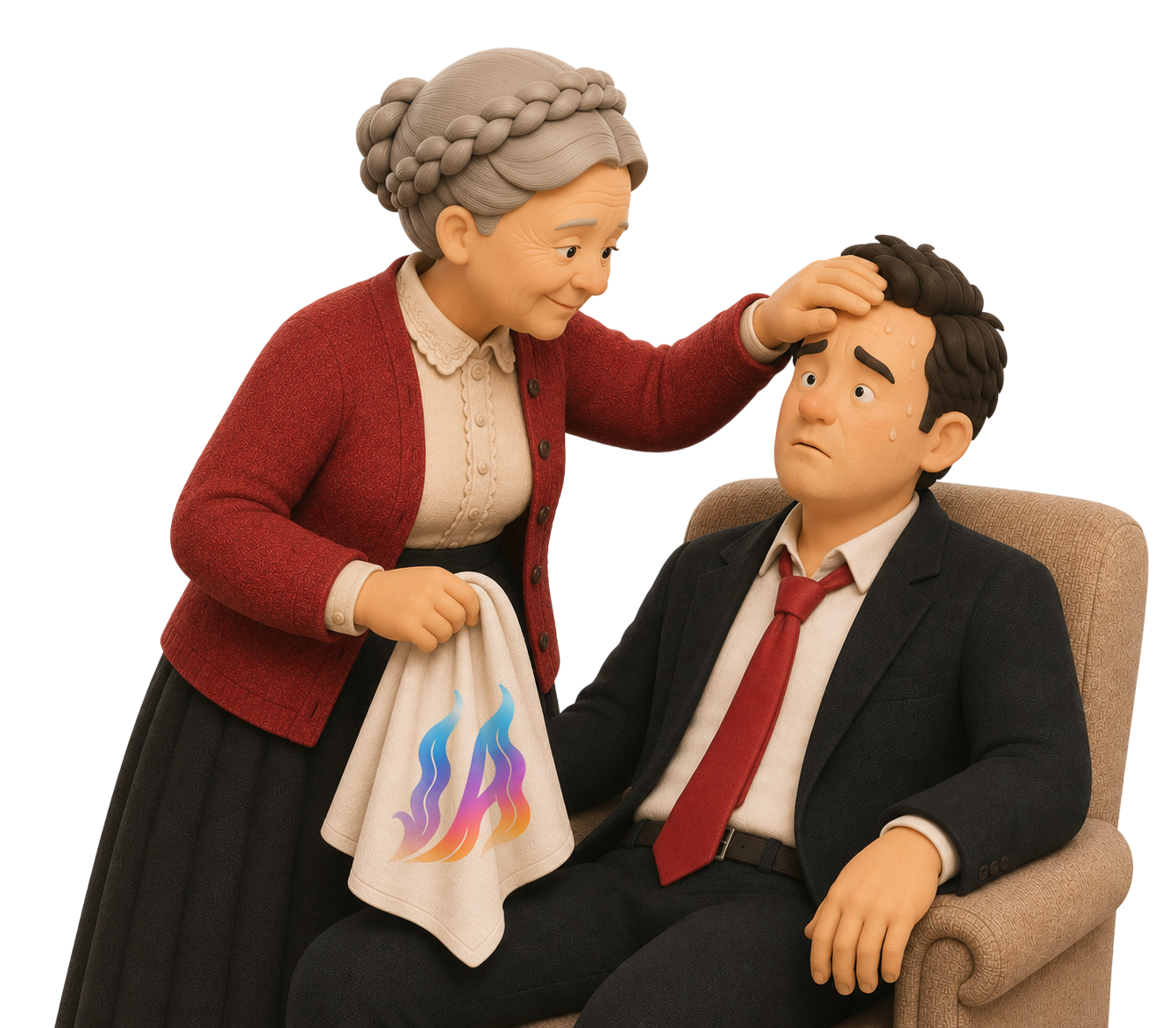 Abuela cuidando a un empresario estresado — solución AI Dolores